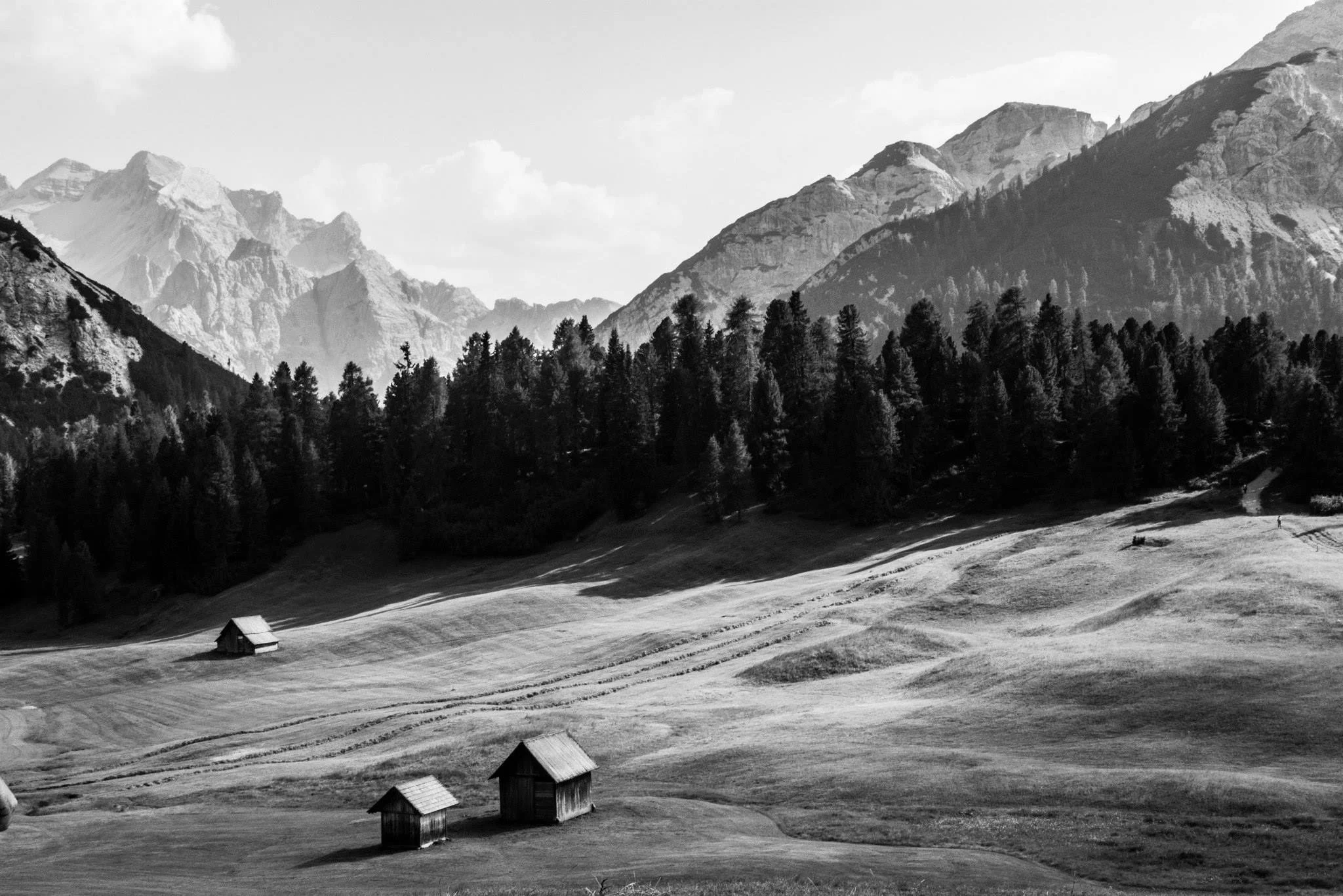 Black and white photo of a mountainous landscape with three small wooden cabins in the foreground, rolling grass-covered hills, dense forest, and tall mountain peaks in the background.