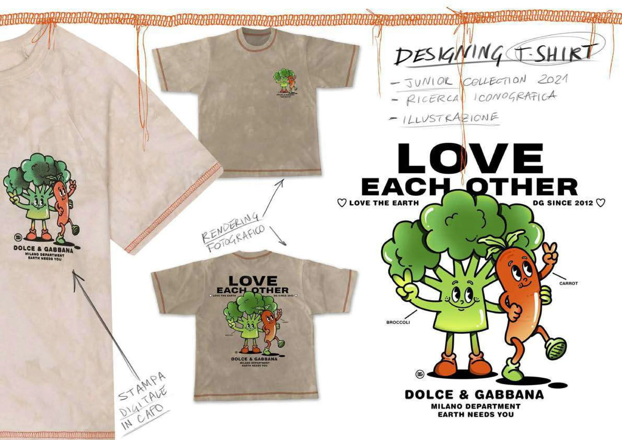 Design sketch of a graphic T-shirt featuring a cartoon broccoli and carrot, with handwritten notes and branding from Dolce and Gabbana's Milano Department. The design emphasizes environmental themes with the phrase 'Love Each Other' and mentions love
