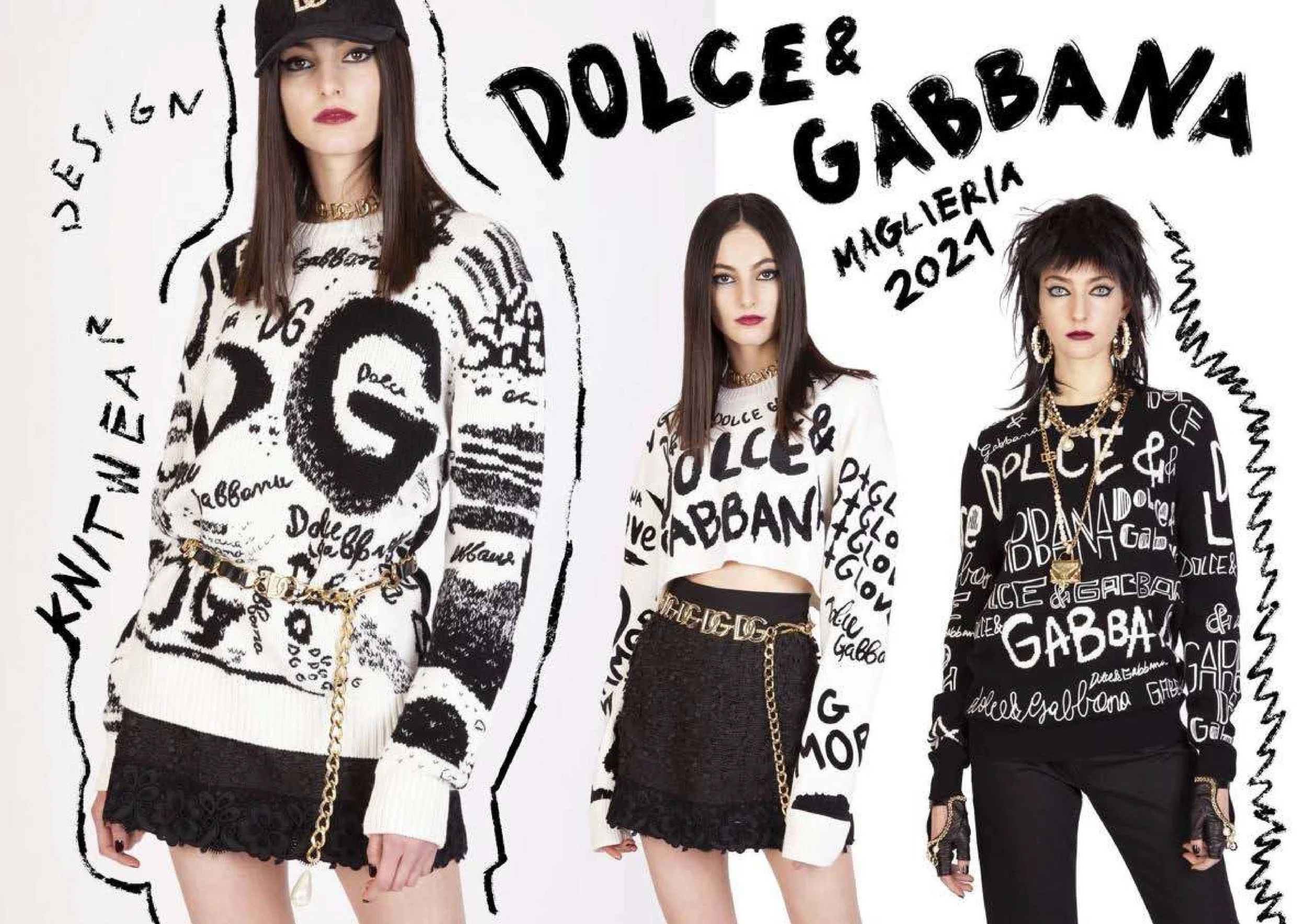 Three women standing in front of a white backdrop with black text and drawings. They are dressed in black and white outfits with various words and logos such as 'Dolce and Gabbana'. The woman on the left wears a black cap and a sweater with prints, t