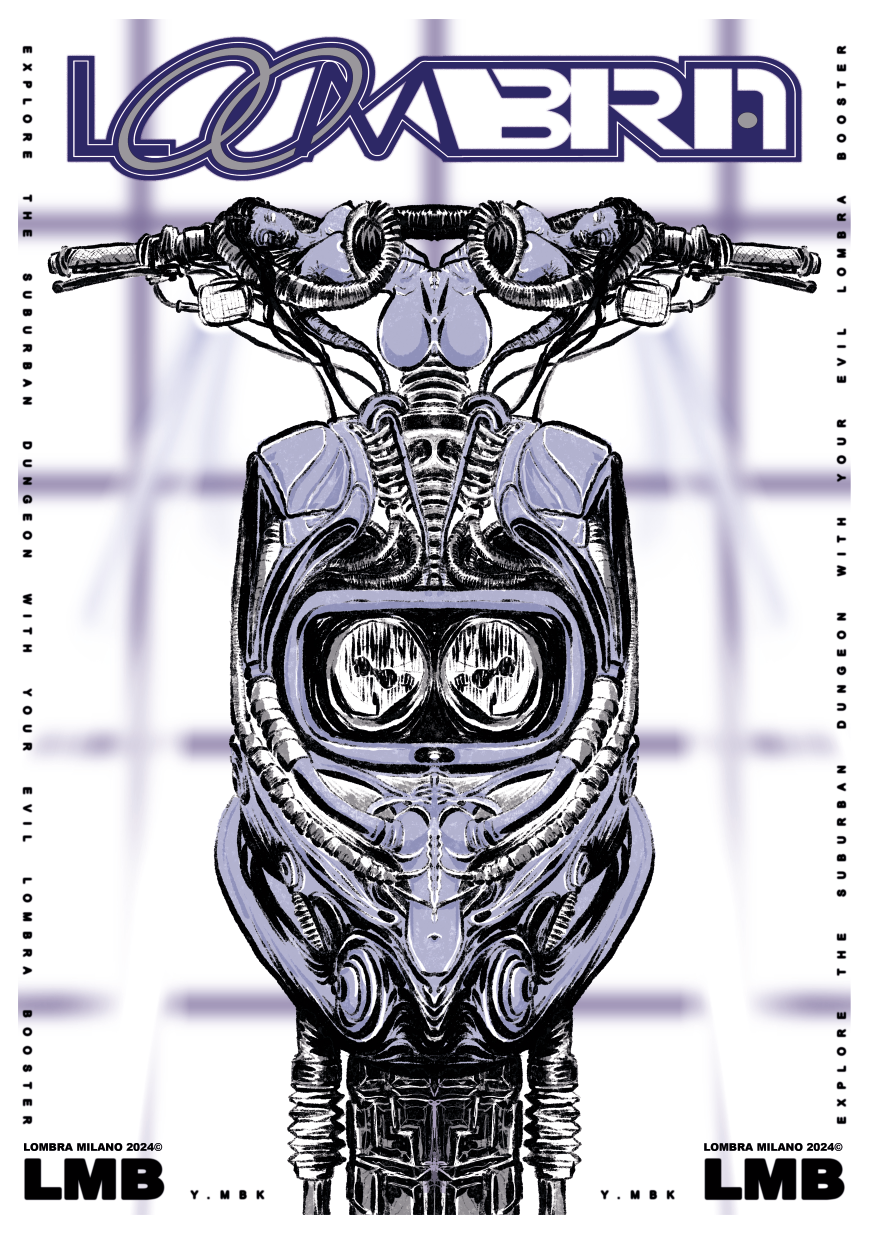 A futuristic, mechanical illustration of a motorcycle's front view with detailed parts, wires, and a digital display. The background features a gradient with the word 'LOMBARD' at the top and the text about exploring a subterranean adventure around t