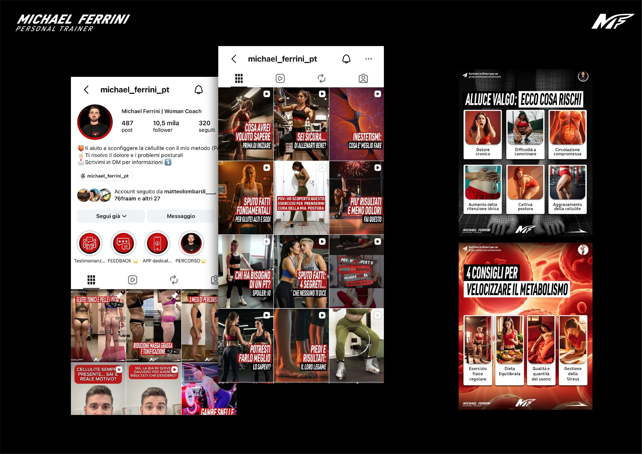 Collage of screenshots from a social media profile and posts from Michael Ferrini, a personal trainer, featuring fitness tips, exercises, and health advice in Italian.