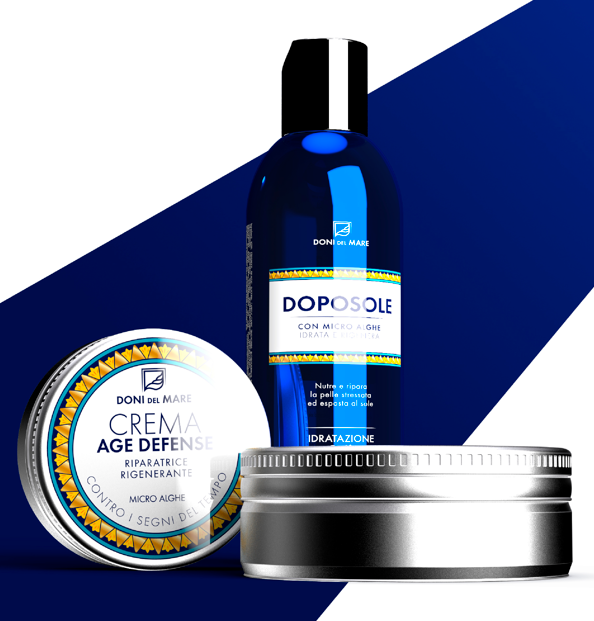 Three Doni del Mare skincare products: a blue bottle labeled 'Dopo Sol', a round container labeled 'Crema Age Defense', and a silver jar, set against a blue and white background.