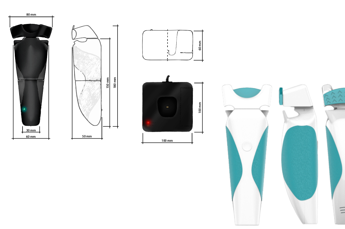 Diagram of a healthcare device with detailed measurements, including front, side, and top views, alongside a set of three modern, ergonomic medical or personal care devices with white and teal accents.