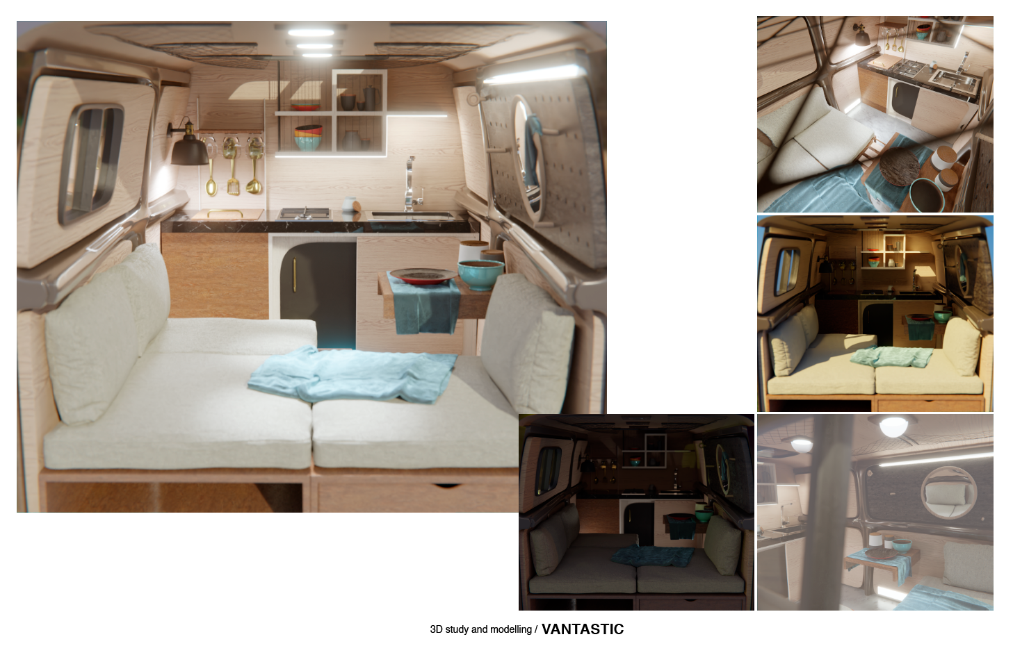 A compact camper van interior showcasing a cozy living area with a sofa, kitchenette with storage, stovetop, sink, and decorative items, viewed from various angles.