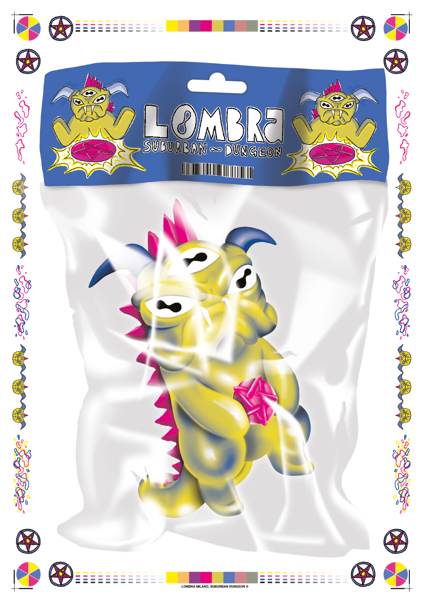 Colorful toy packaging featuring a cartoon monster with horns, claws, and a spiked tail. The monster is yellow with pink and black accents and appears to be holding a pink gem. The packaging has a blue header with the brand name "LOMB2" and "SUBURBAN