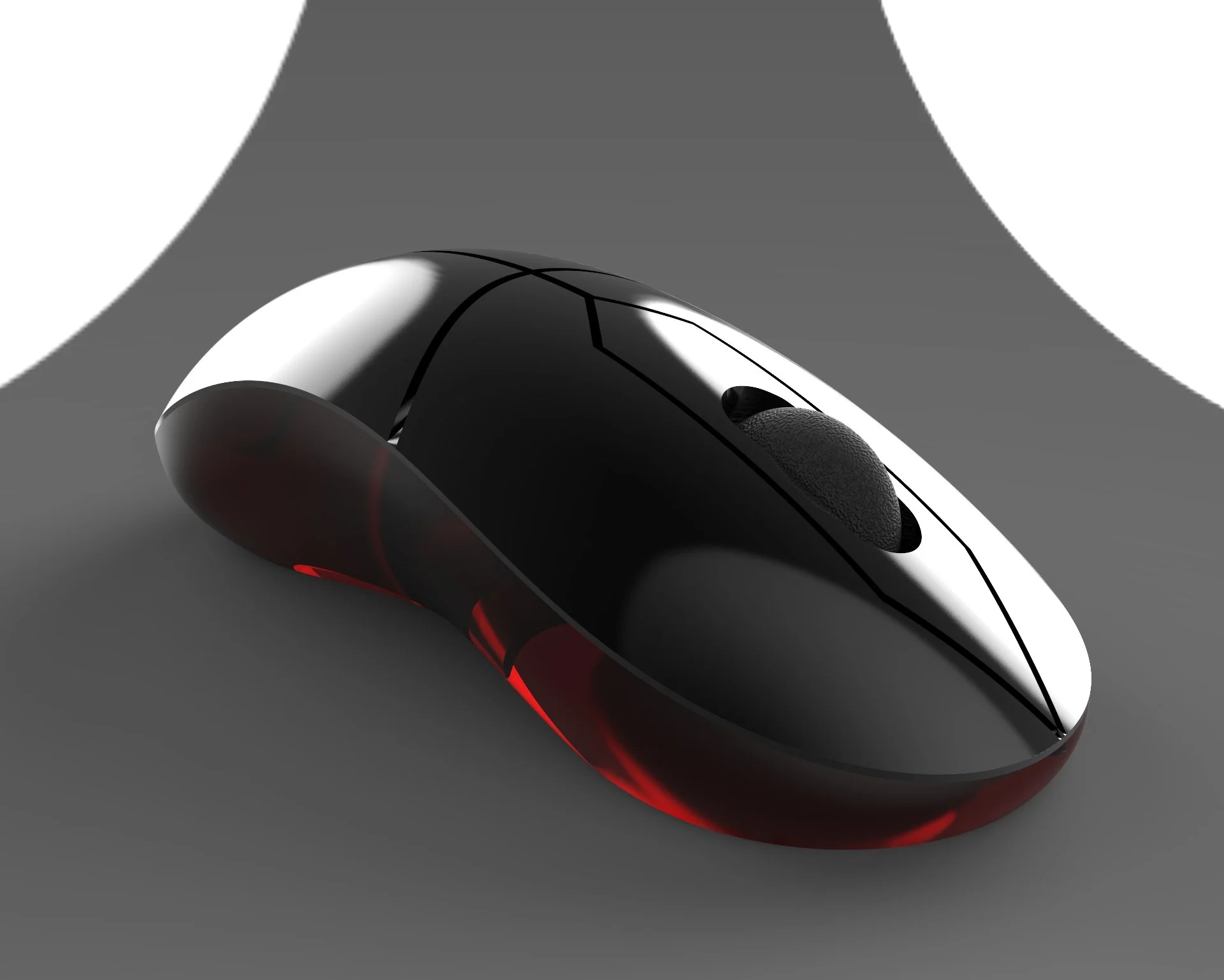 Futuristic black and red sleek gaming mouse on a dark surface.
