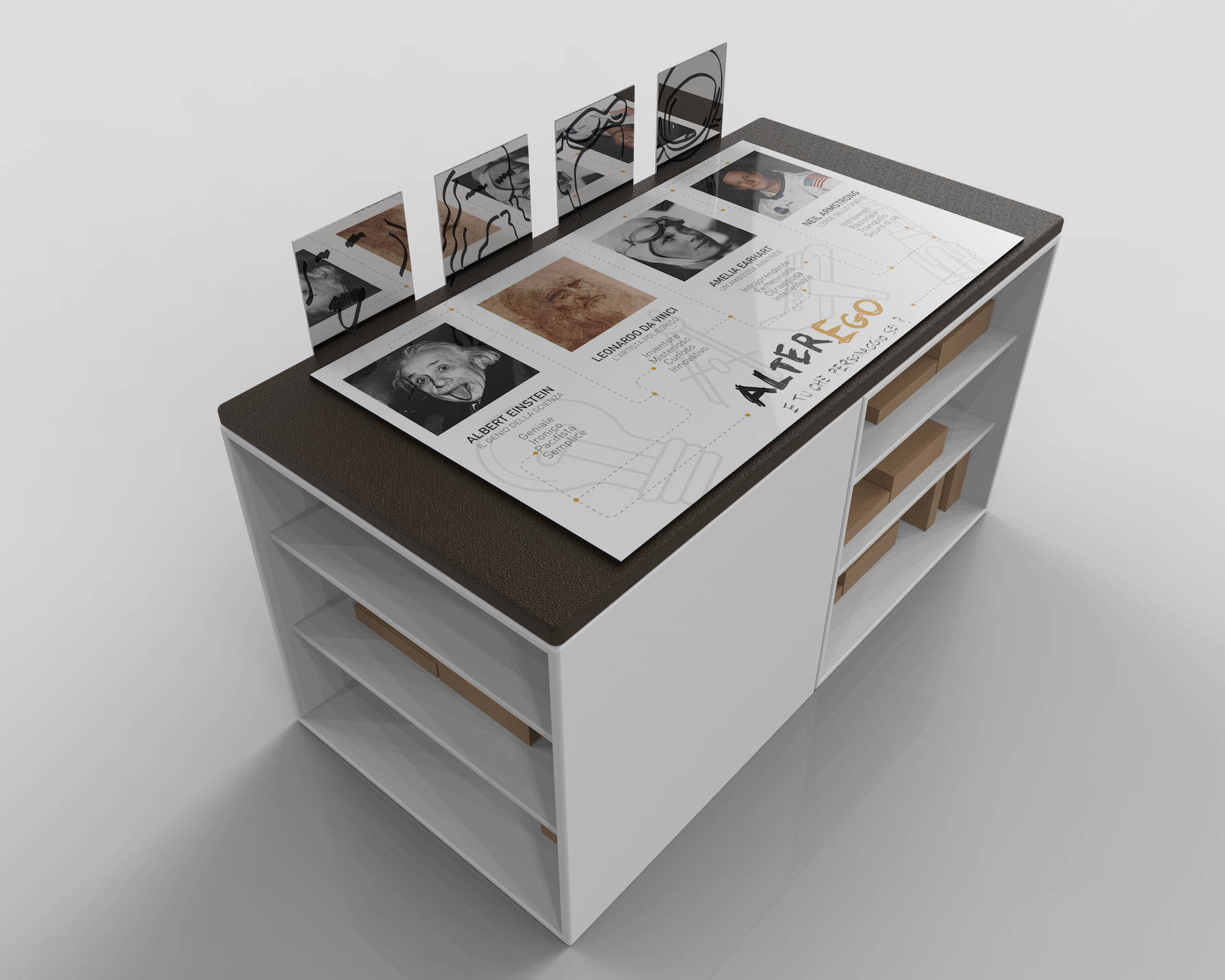 A white display table with several transparent acrylic panels mounted on top, showcasing engraved images and text about famous scientists including Albert Einstein, Leonardo da Vinci, Amelia Earhart, and Neil Armstrong. The table holds a printed info