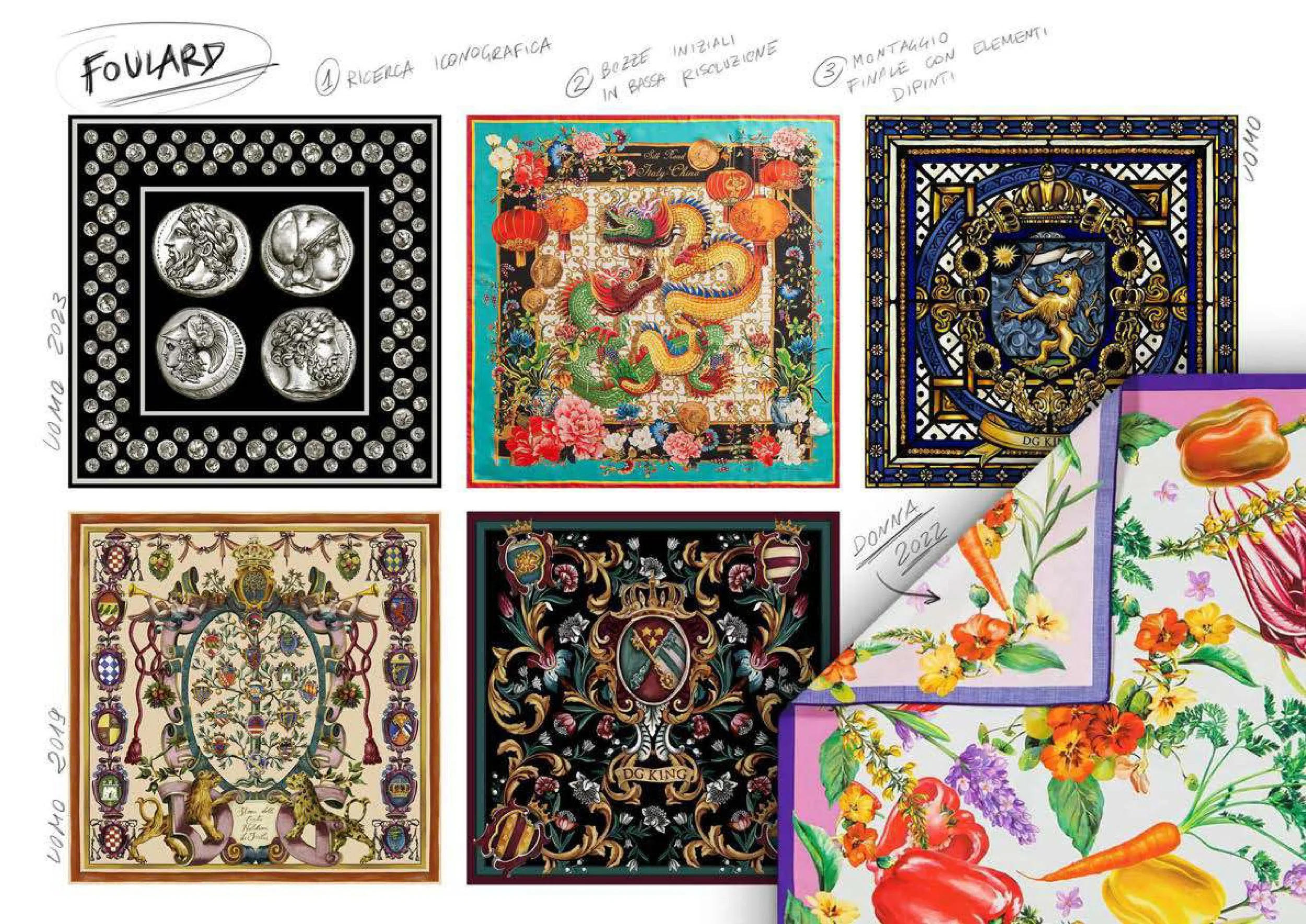 Collection of decorative papers featuring intricate designs including coins, dragons, heraldic symbols, and floral patterns.