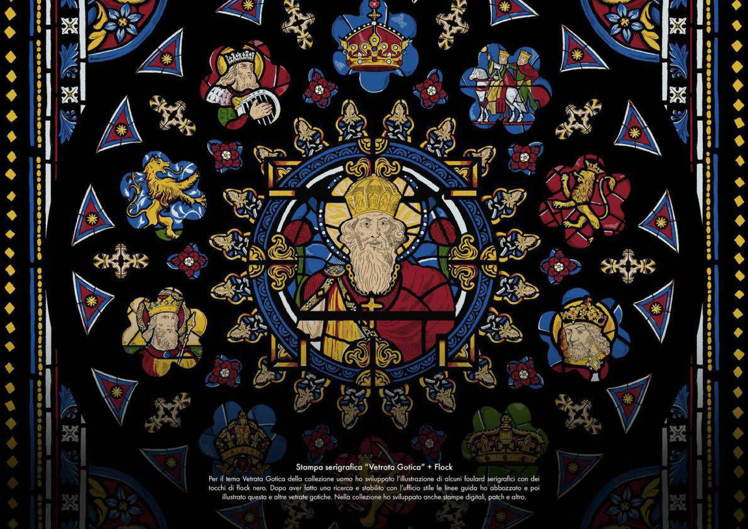 Colorful stained glass window featuring medieval religious and heraldic imagery with kings, lions, and decorative patterns.
