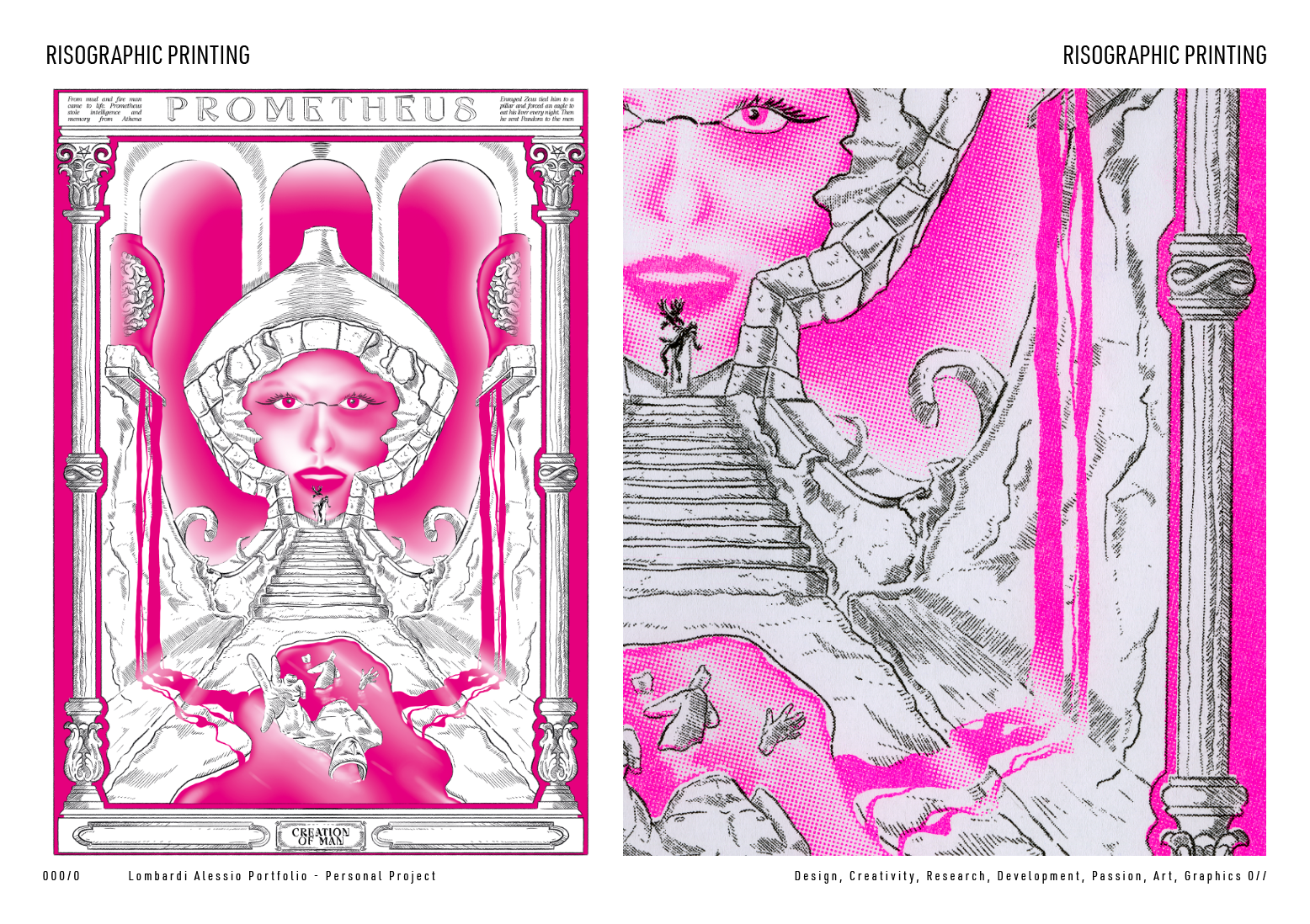 A split image of a surreal, stylized illustration. The left side shows a large face with pink eyes and lips, framed by an ornate archway with the word "PROMETHEUS" at the top. Below is a staircase leading to a tiny figure. The right side depicts a ro