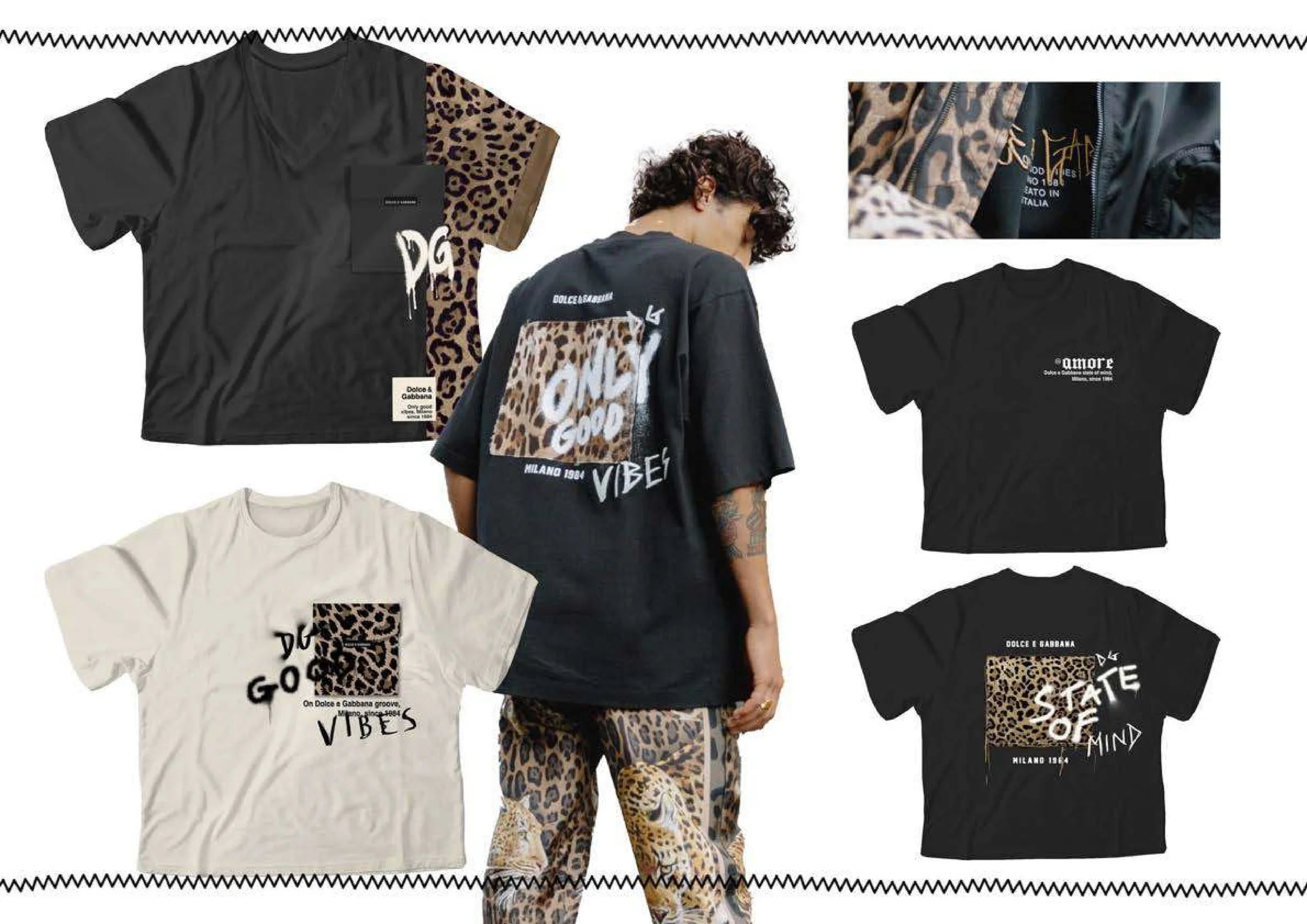 Multiple t-shirts with leopard print and solid colors, featuring graffiti-style text, displayed around a person wearing leopard print pants.