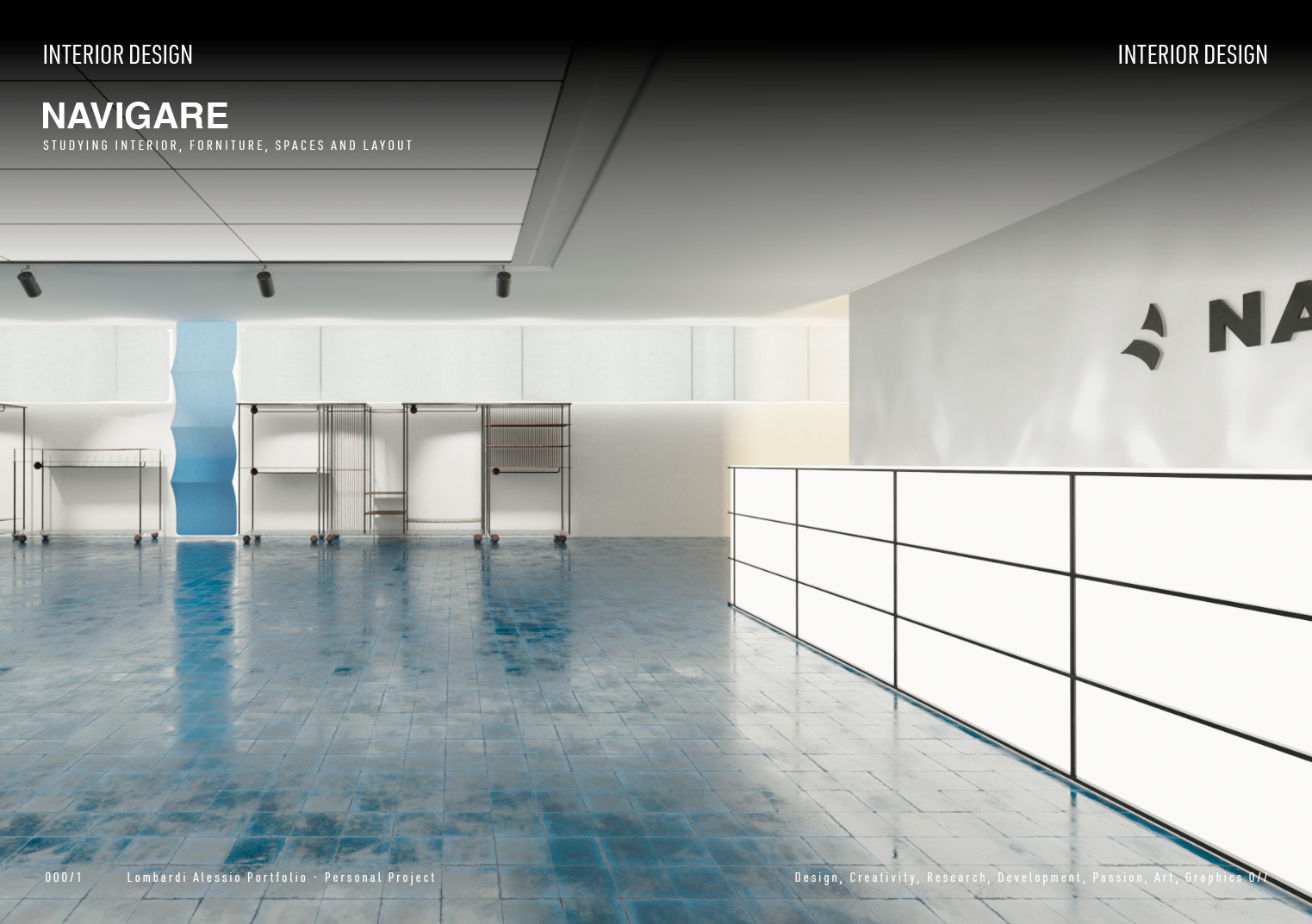 Modern interior space with blue tiled floor, white walls, minimal metal furniture, and large windows.
