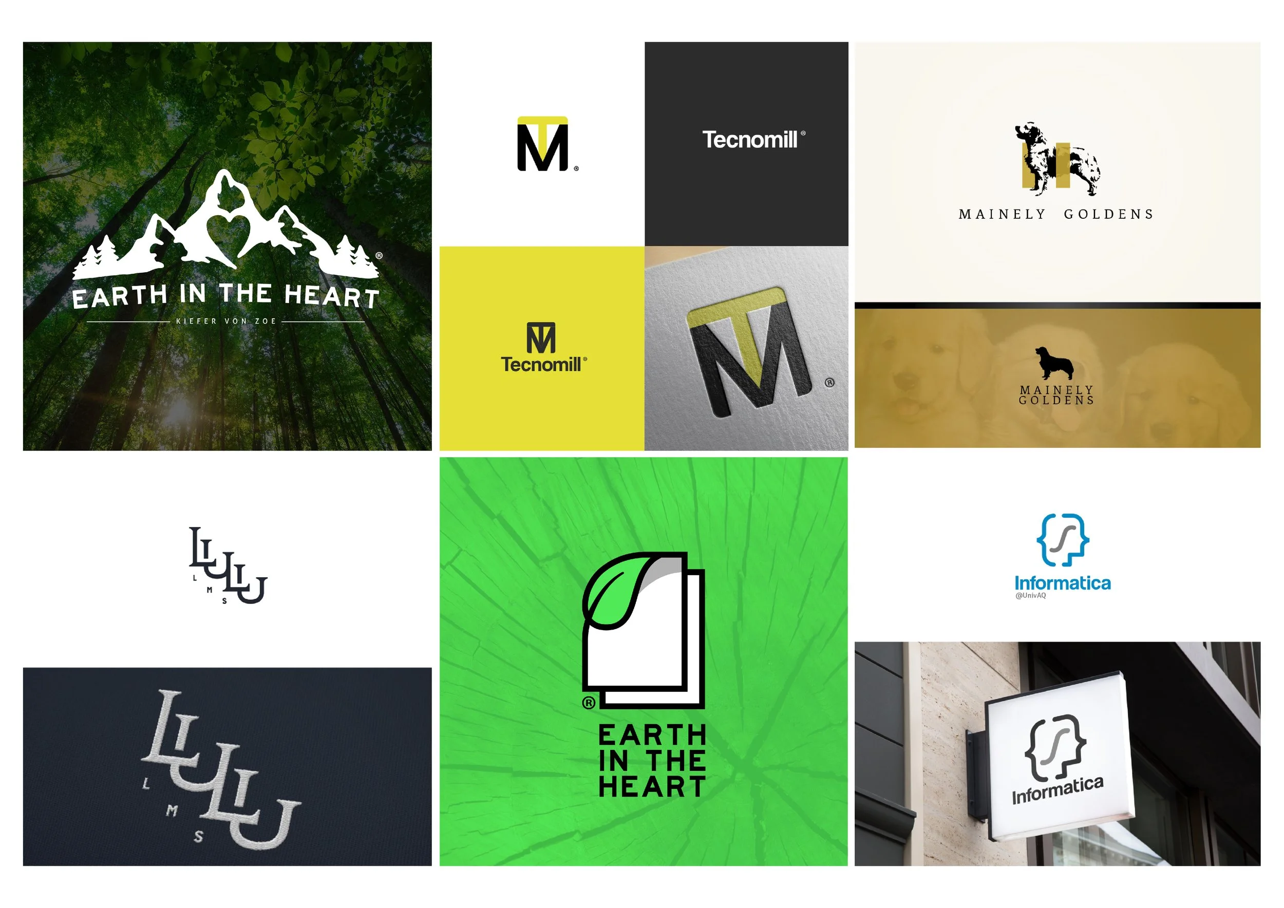 Collage of images featuring the Earth in the Heart campaign, logos of Tecnomill and Mainely Goldens, and a sign with the Informatica logo outside a building.