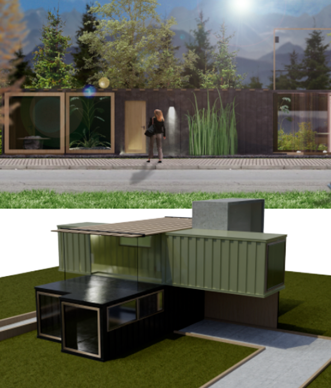 A person walking past a modern outdoor water feature with greenery, trees, and mountains in the background, and a design rendering of a contemporary, modular house with a flat roof and large windows.