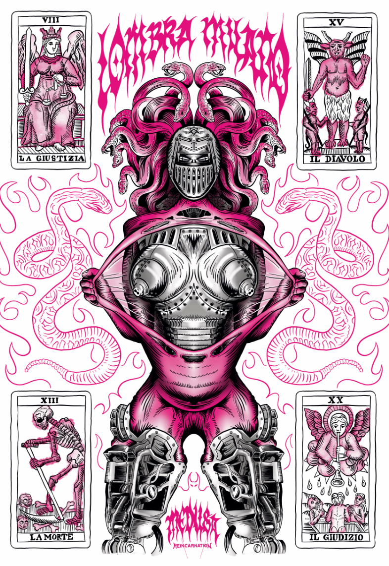 A stylized, detailed digital illustration featuring a humanoid figure with a robotic face and armor, revealing a female physique underneath. The figure's head is adorned with serpents, and the background includes four tarot card illustrations with It