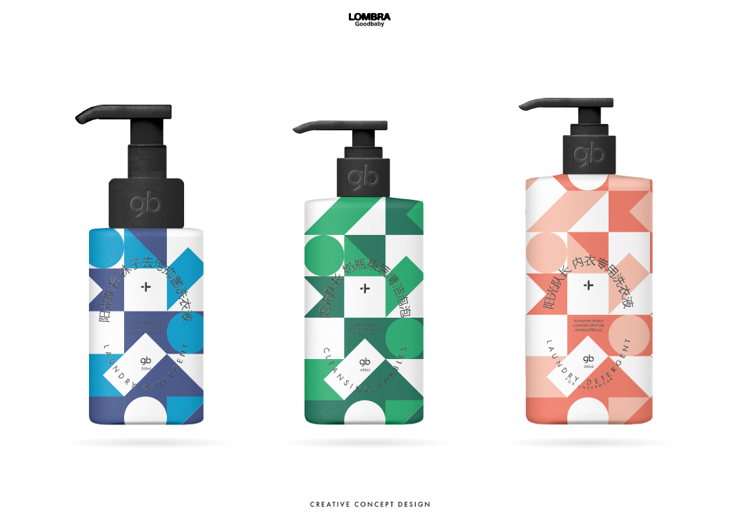 Three bottles of laundry detergent with colorful geometric labels in blue, green, and peach, placed against a plain white background, with the brand name 'LOMBRA Goodbaby' at the top.
