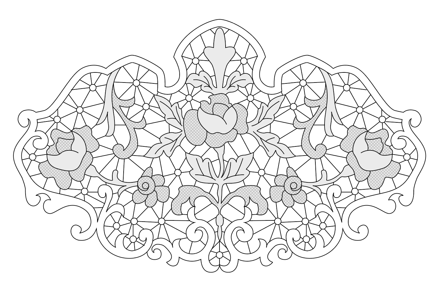 Black and white decorative lace pattern with floral and scroll designs.