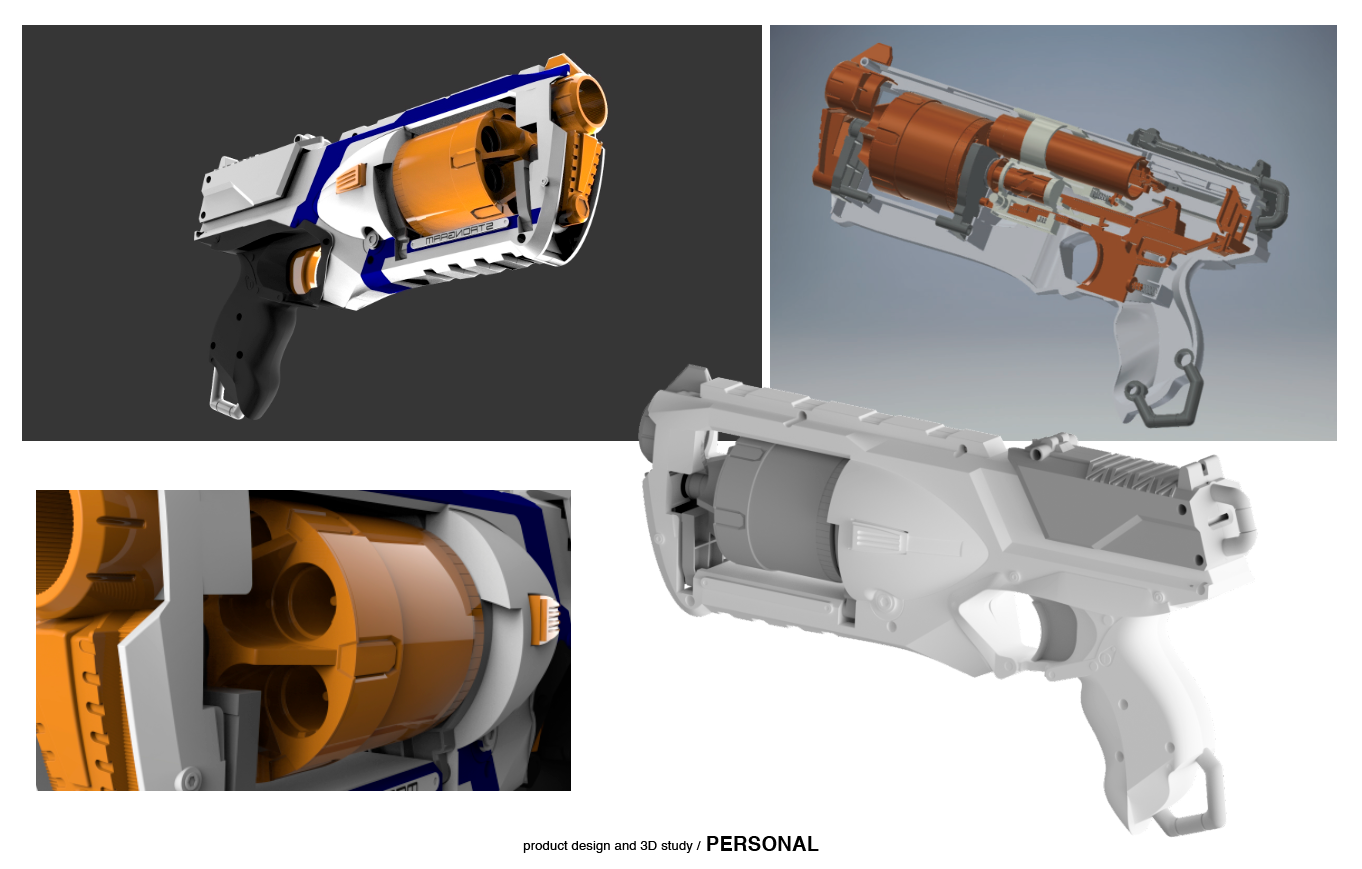 Design sketches and 3D renderings of a futuristic gun with orange and white components, showing multiple angles and internal mechanisms.