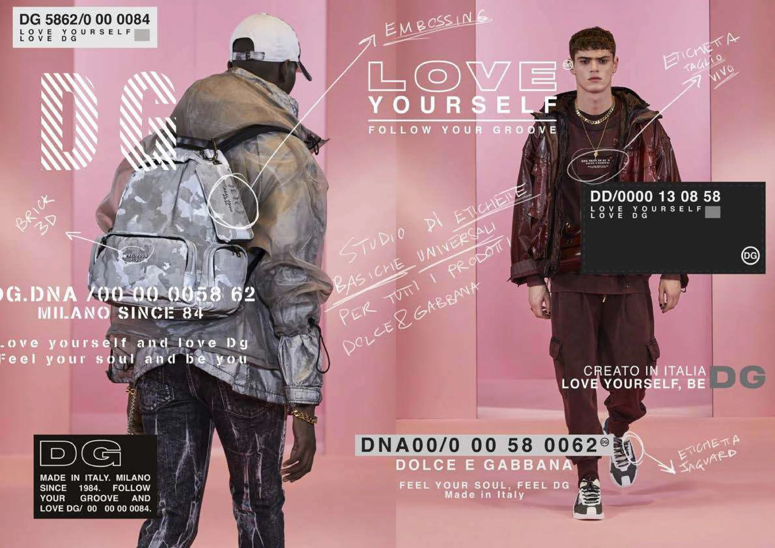 Two young male models against pink background, one wearing a camouflage jacket and backpack, the other a maroon jacket with gold chains, with handwritten style notes and brand labels, including "LOVE YOURSELF," "FOLLOW YOUR GROOVE," and brand names D