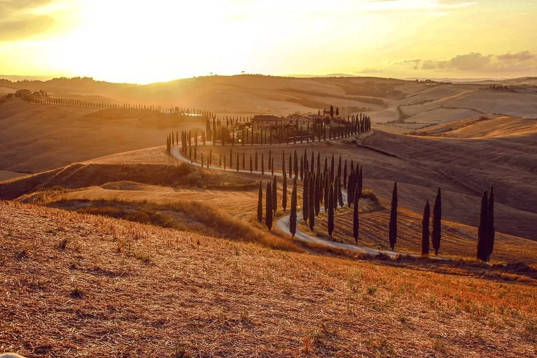 Sunset over rolling hills with a winding road lined by tall cypress trees leading to a farmhouse or villa in the distance in Tuscany, Italy.