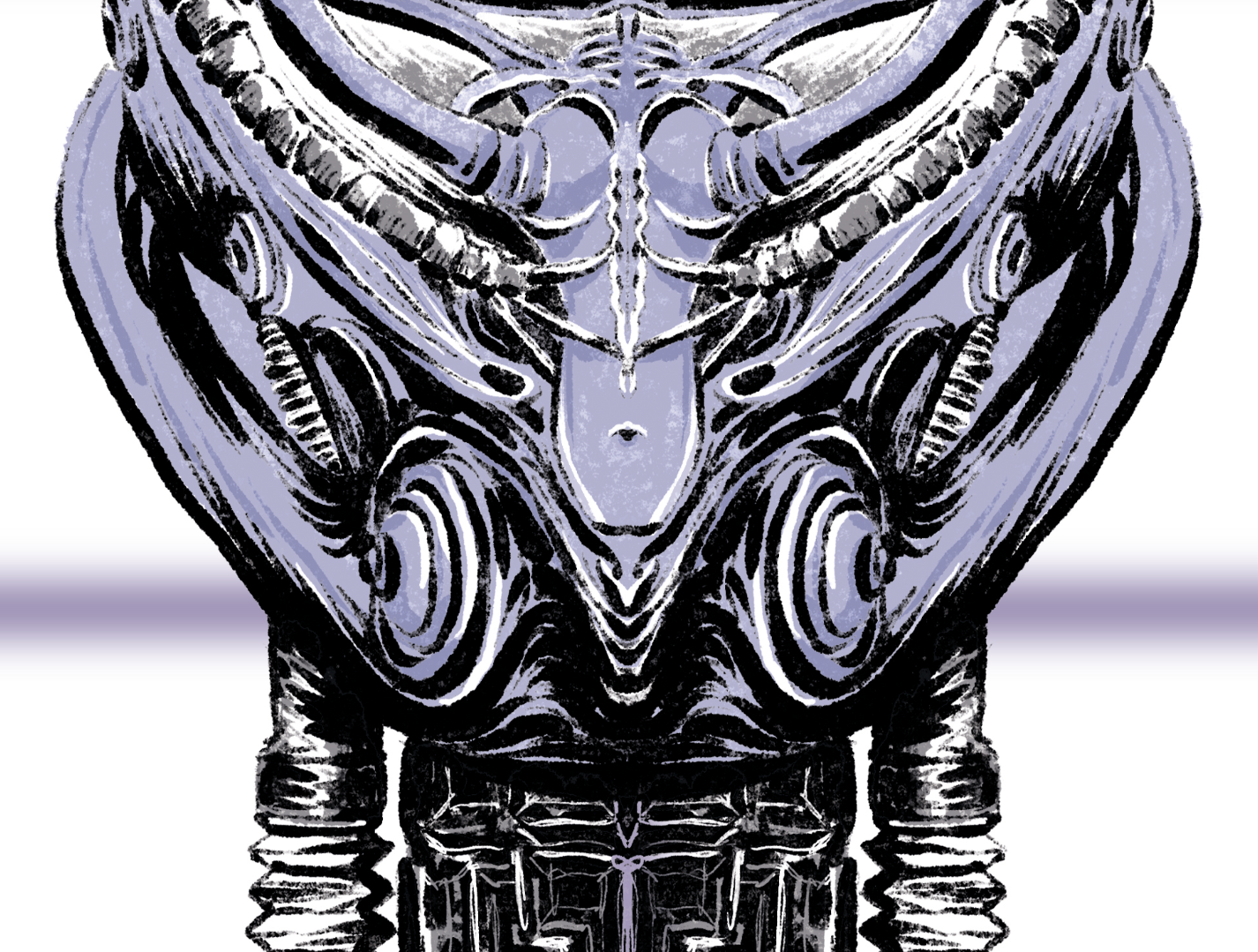 A stylized, abstract illustration of a futuristic insect or alien creature with symmetrical black, purple, and white intricate patterns covering its head and body.