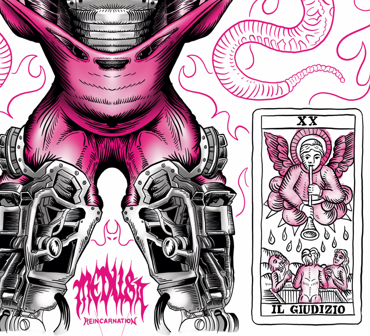 Graffiti-style illustration featuring a robotic figure with a muscular torso, mechanical legs, and pink highlights. To the right, a tarot card labeled "XX" depicting an angel with wings, blowing a horn, and three figures at the bottom with the words 