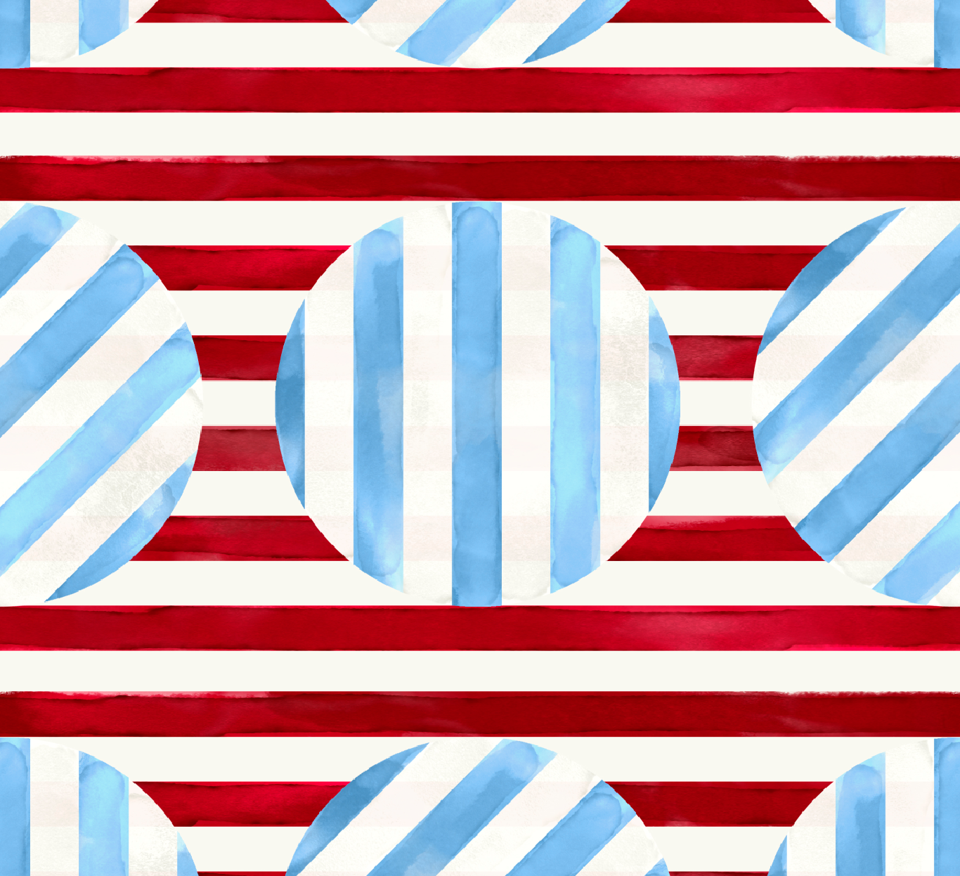 Watercolor illustration of a stylized American flag with red and white stripes and blue and white stars.