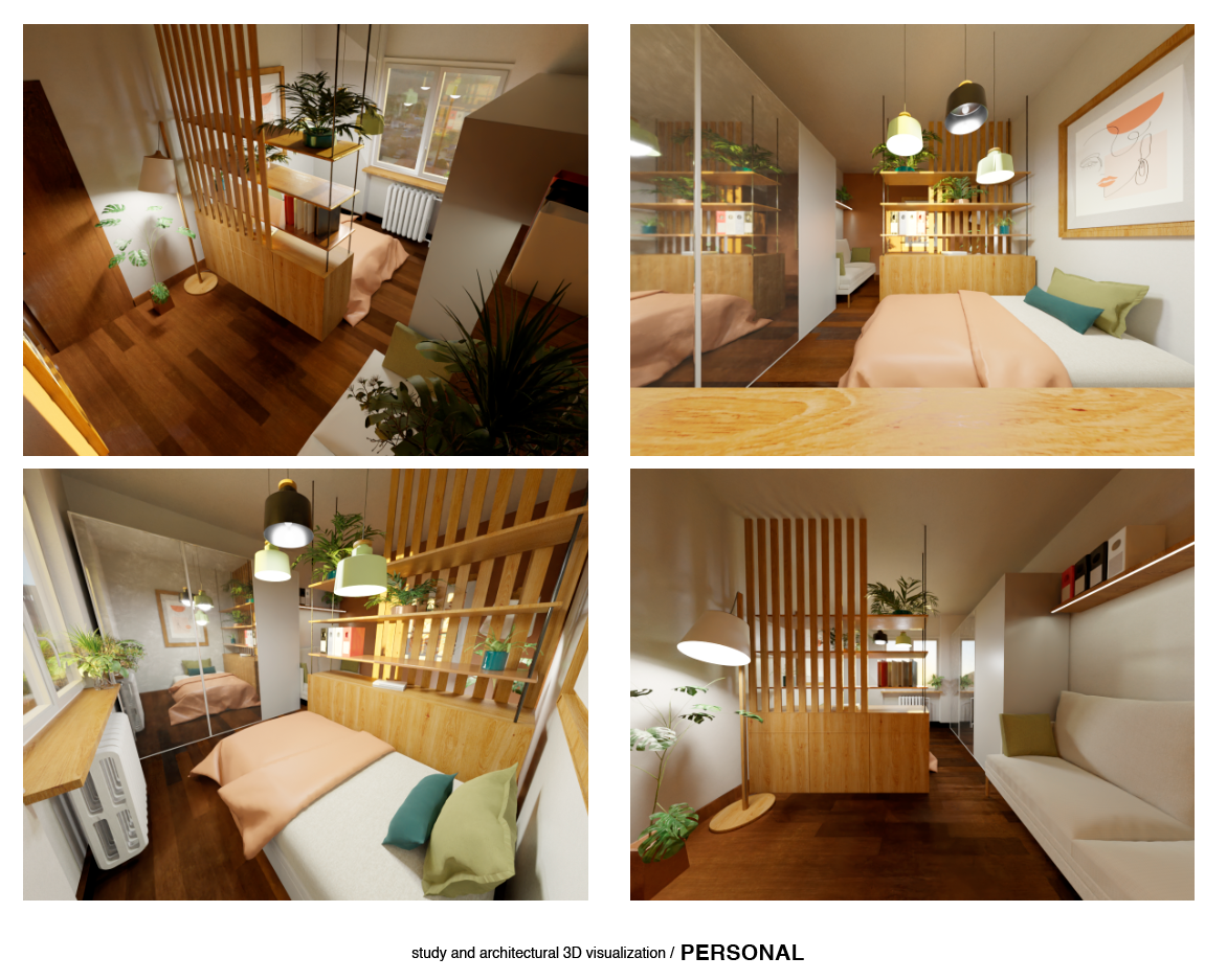 A modern, cozy apartment with wooden accents, indoor plants, and natural lighting from large windows. Features a bed, bookshelf, and seating area with minimalist decor.