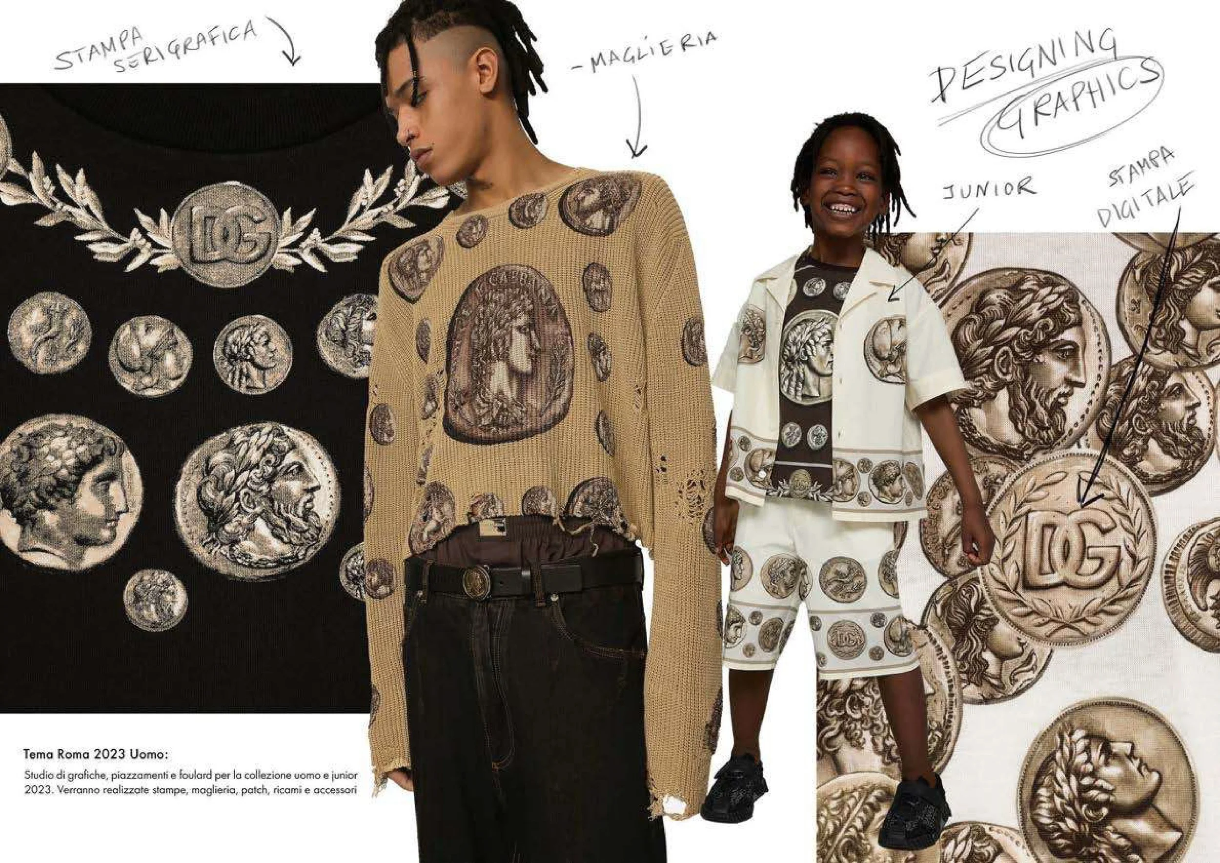 Two models wearing clothing and accessories featuring Roman coin designs. The male model on the left is dressed in a beige sweater with Roman coin patterns, paired with black jeans and a belt. The female model on the right is wearing a white shirt wi