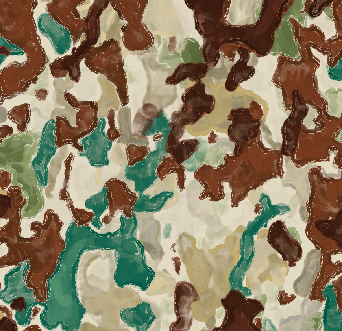 An abstract painting featuring irregular shapes in shades of brown, green, beige, and teal, with some shapes outlined in white.