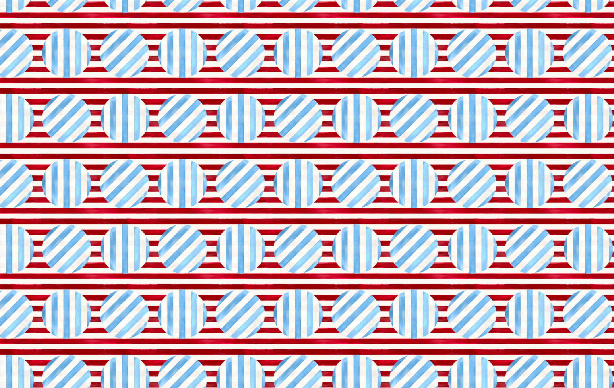 Pattern with horizontal red and white stripes, overlaid with evenly spaced blue and white striped circles.
