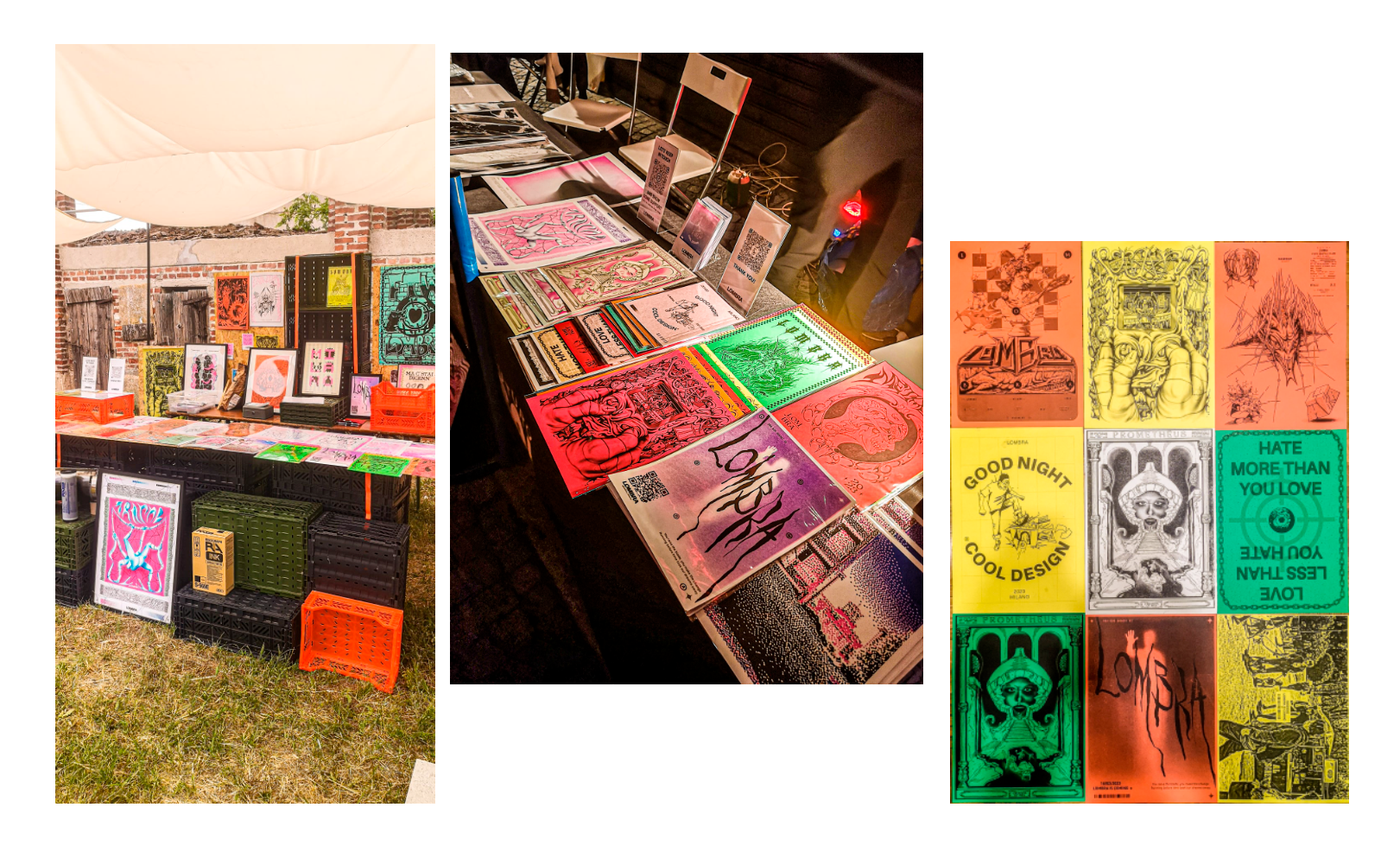 Image collage of an outdoor art market with various prints and flyers on display and a table of artwork, including colorful posters and stickers.