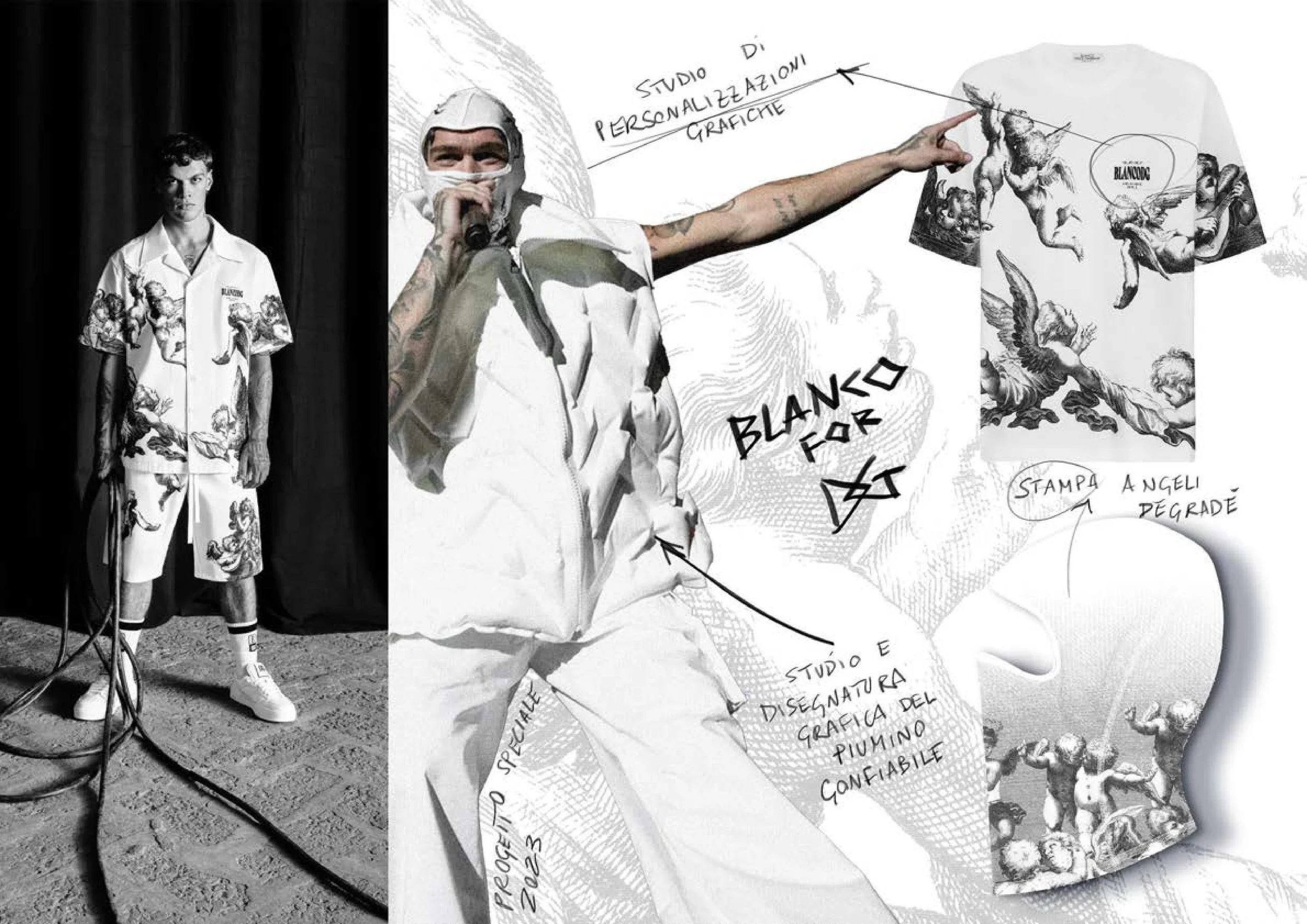 A person wearing a white shirt with artistic designs and a hood, pointing to a graphic t-shirt with similar artwork, with handwritten notes and sketches in the background.