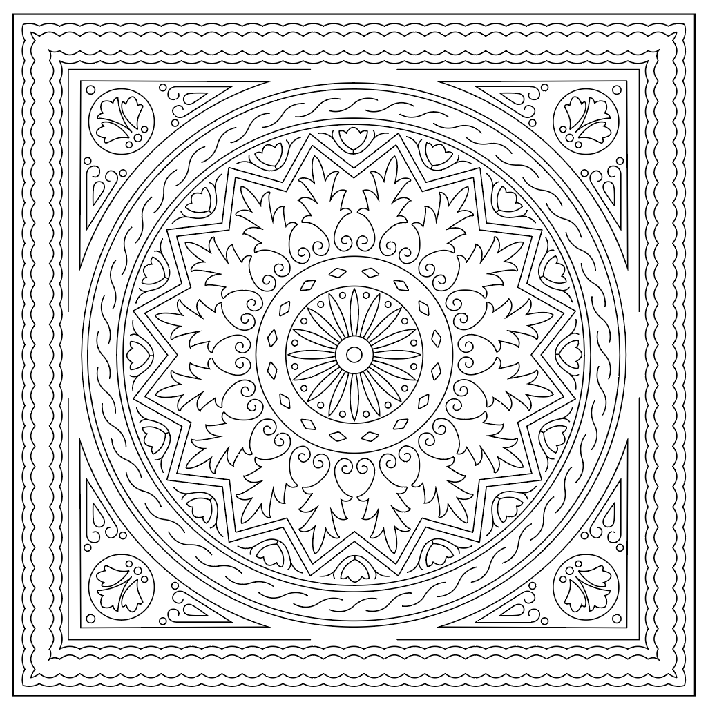 Line drawing of a decorative, symmetric mandala pattern with floral and geometric motifs, enclosed within multiple borders.