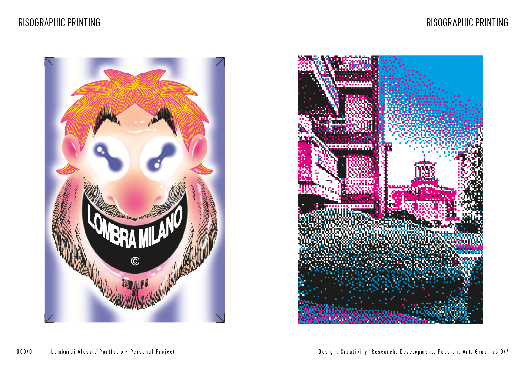 Colorful digital illustration of a smiling face with exaggerated features, large eyes, pink nose, and a beard, with the text 'LOMBARDI MILANO' on a black circle resembling a mouth, and a pixelated urban scene on the right side, with the words 'RISOGR