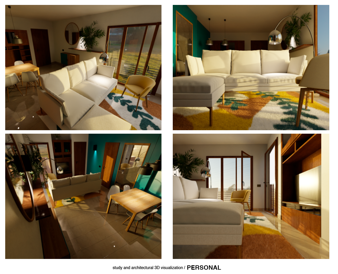 Interior of a modern living room with white sofas, a colorful rug, wooden furniture, and large windows with a view.