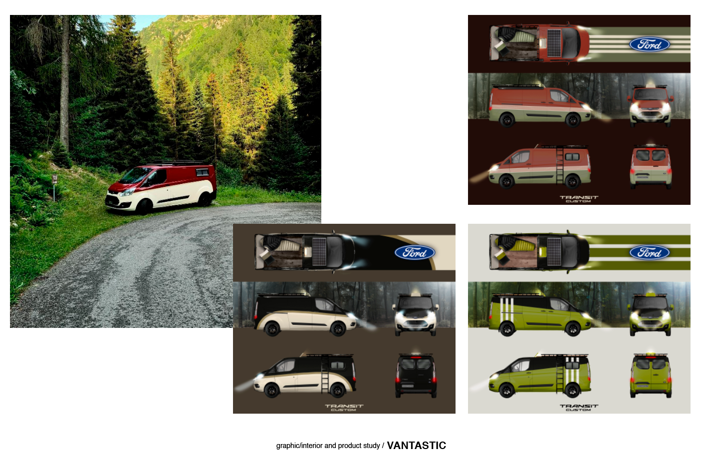 Image of a red and white Ford van parked on a gravel road in a forested area, with additional concept images showing different interior and exterior designs of the Ford Transit Custom vehicle in various colors and configurations.
