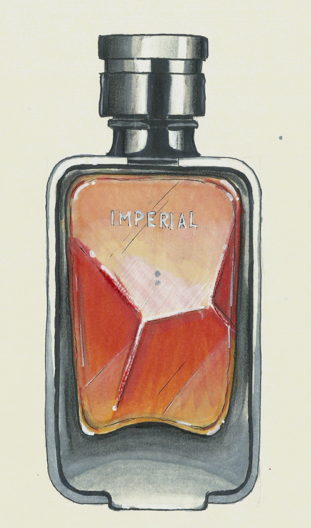A watercolor painting of a perfume bottle labeled 'IMPERIAL' with a black cap. The bottle contains an orange-red liquid.