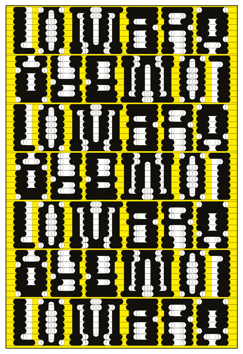 Pattern of black and white beads forming the text "LIFETIME" repeated across the image with yellow background inclusions.