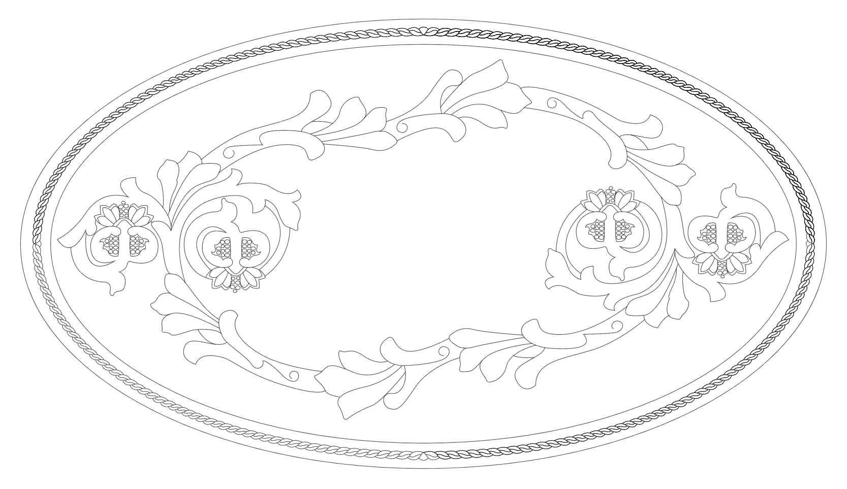 Outline of an oval-shaped decorative pattern with floral and leaf motifs, bordered by a twisted rope design.