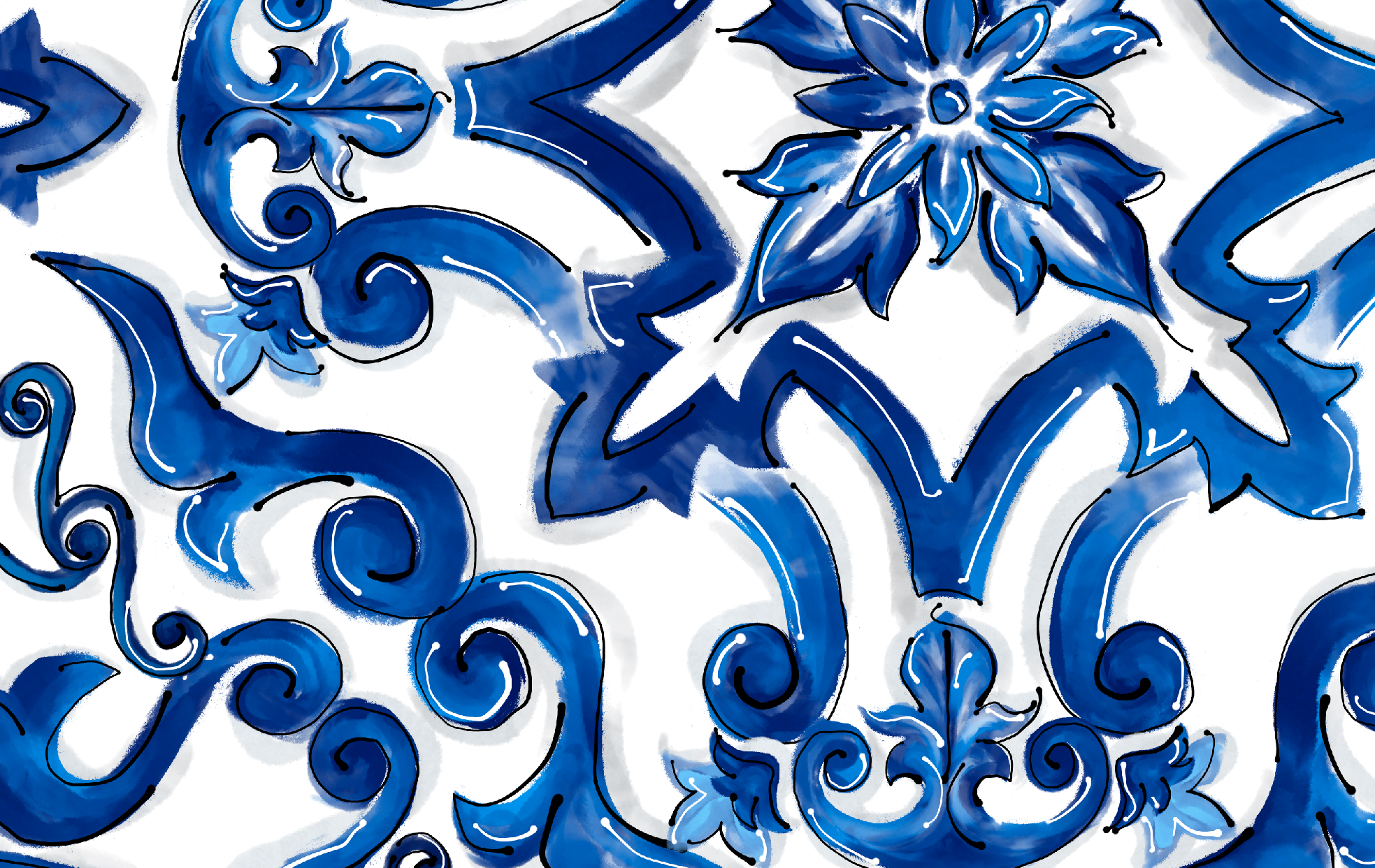 A detailed pattern featuring blue floral and scroll designs on a white background.
