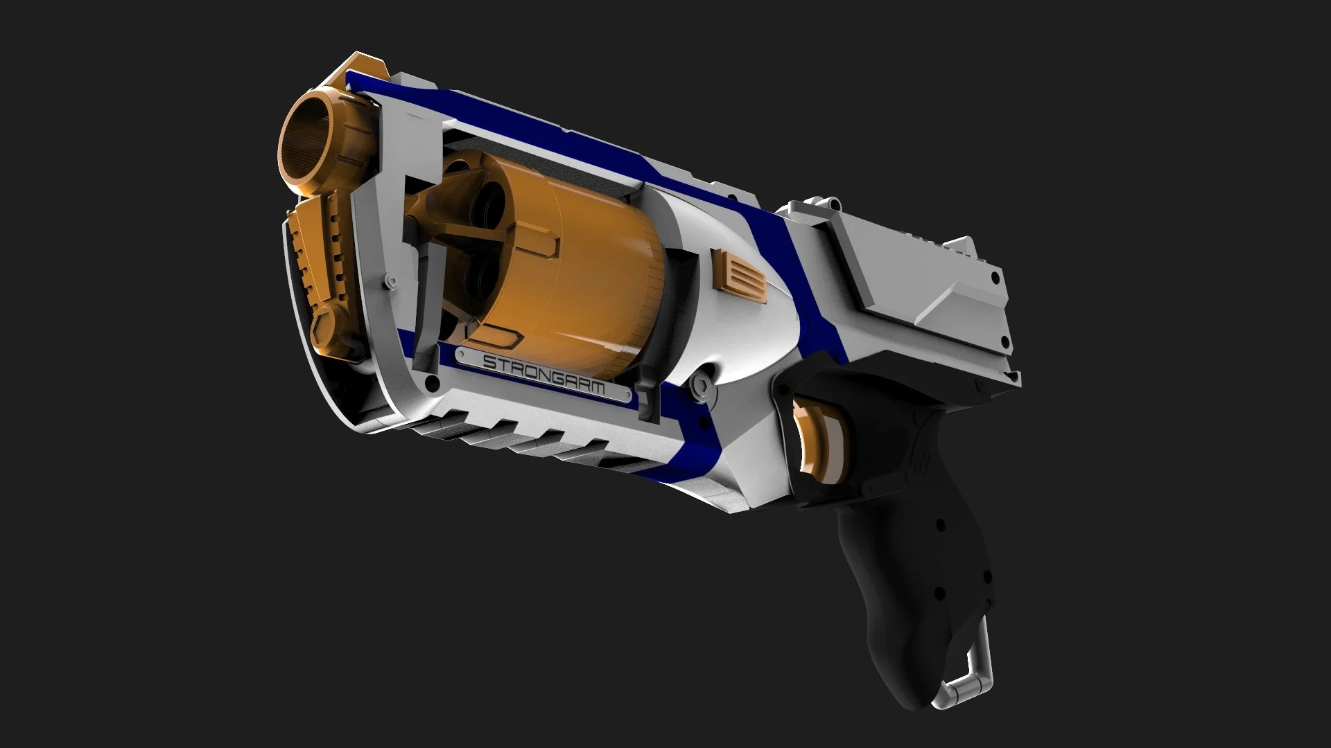 A futuristic handgun with a sleek design, orange and gray colors, labeled 'STRONGARM', against a dark background.