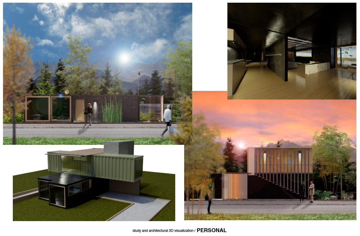 Collage of four images showing modern architecture, including exterior views of contemporary house designs, interior spaces with sleek finishes, and outdoor landscaping at sunset.