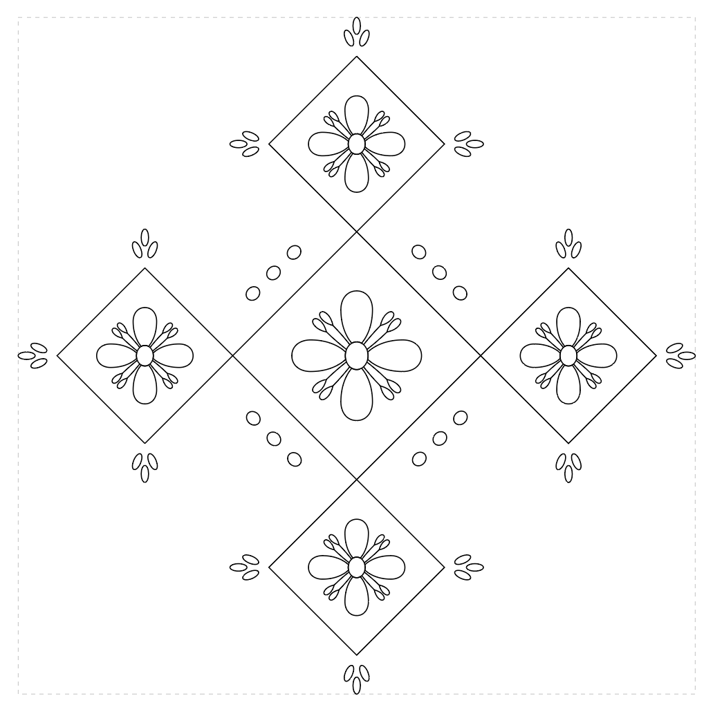 A black and white line drawing of a symmetrical floral and geometric pattern arranged in a diamond shape.