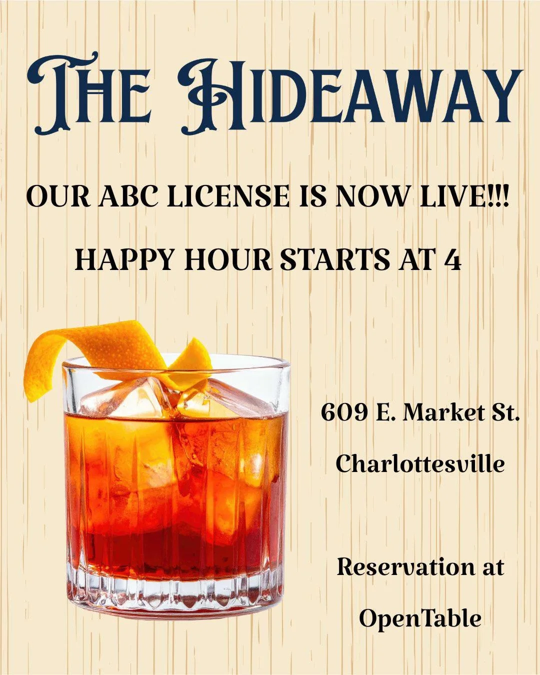 It&rsquo;s day two at the Hideaway but this time we have an active ABC license!  Come visit the bar for happy hour, fish and chips, wine specials, cocktail specials and all that fun stuff. 

Reservations at OpenTable.  Patio and dining room seating a