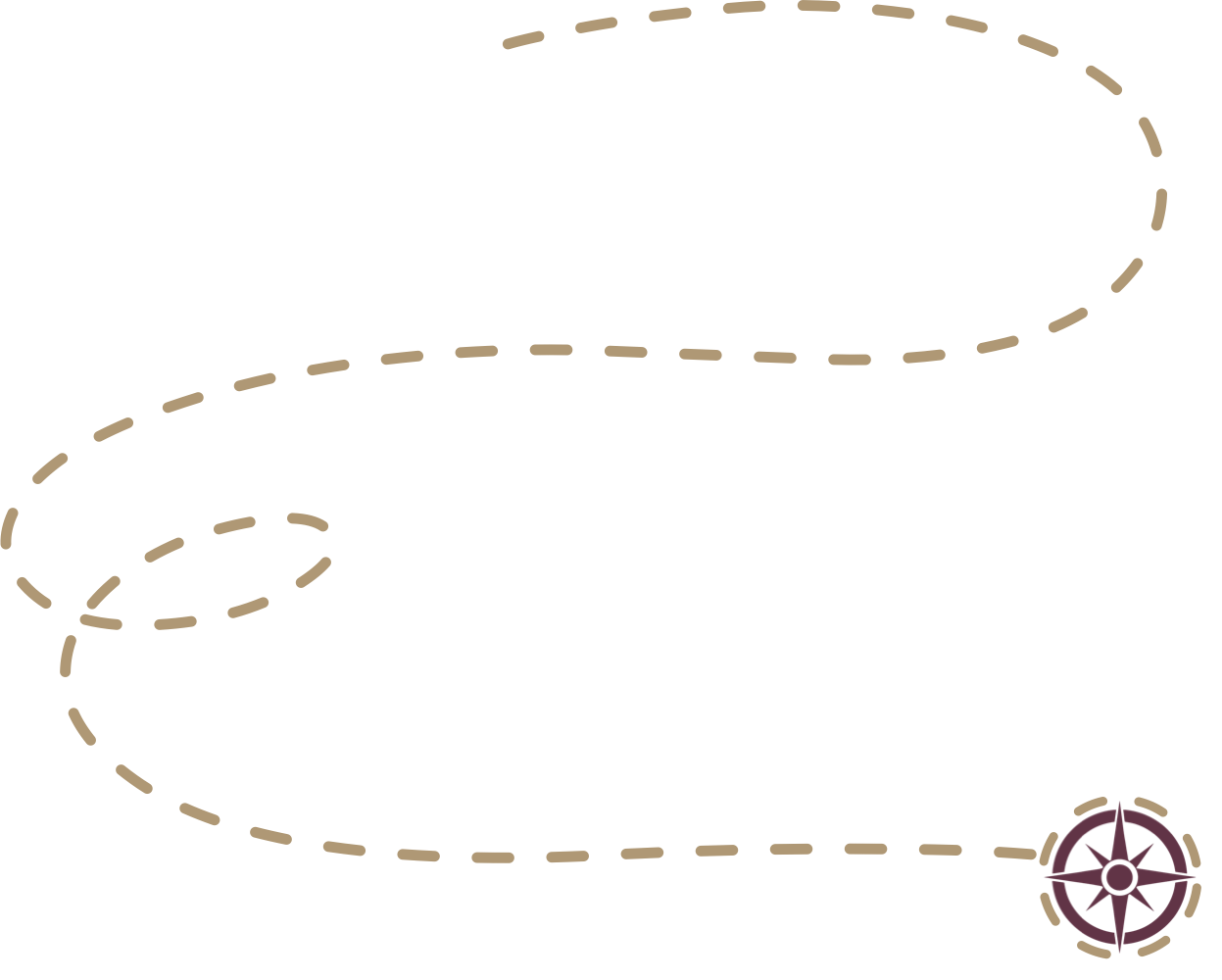 A dashed, winding path on a black background with a circular compass icon at the bottom right corner.