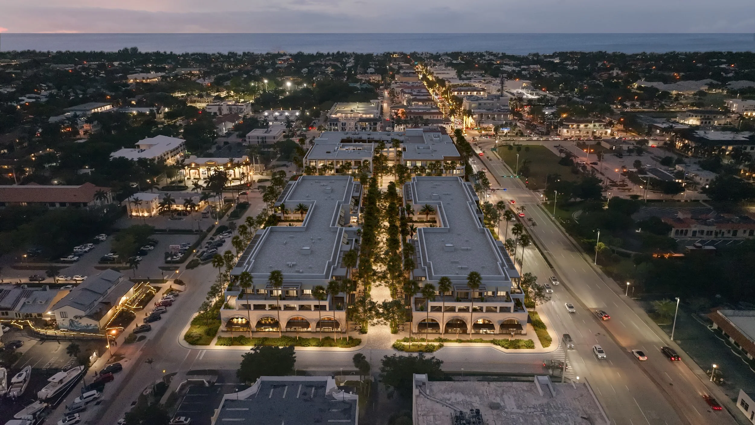 
The Avenue Naples FL aerial exterior rendering at night