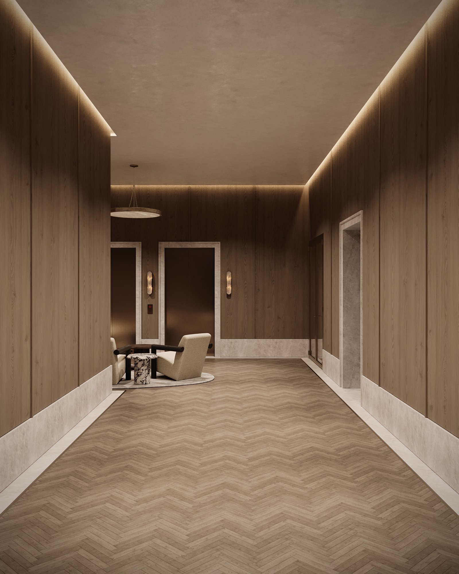 The Avenue Naples FL common area hallway sitting area rendering