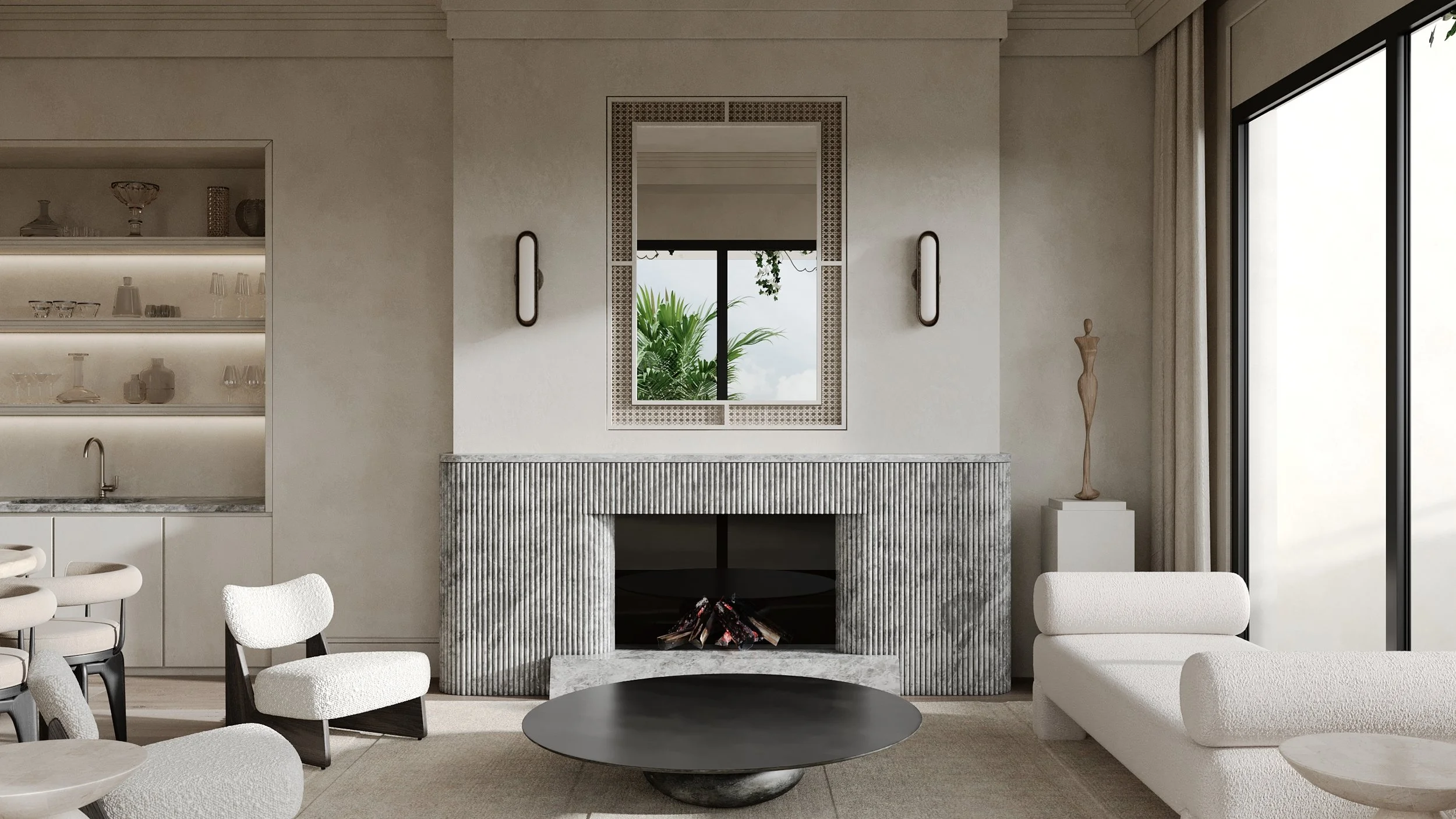 The Avenue Naples FL living room stone fireplace rendering
