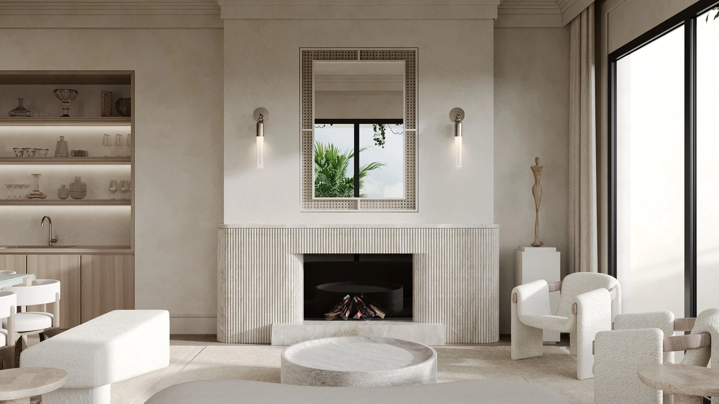 The Avenue Naples FL white stone fireplace rendering